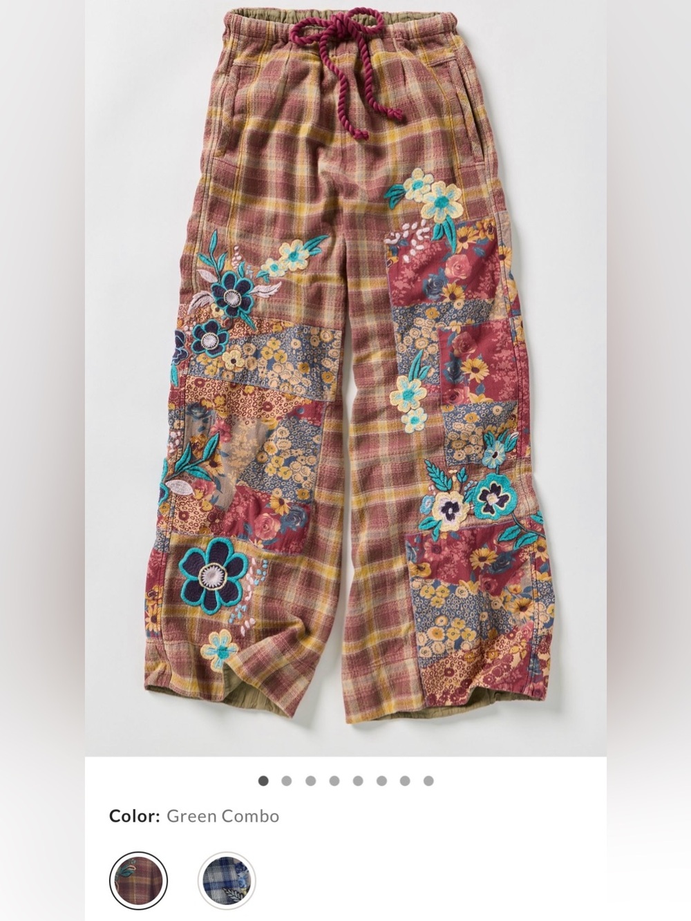 NWT Free People Brooks Embroidered Wide-Leg Patchwork Pants in Green Combo - Picture 2 of 16